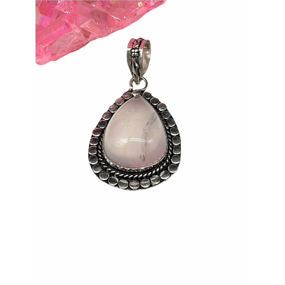 Rose Quartz Necklace Pendant 925 Sterling Silver Overlay Teardrop Stone Pink